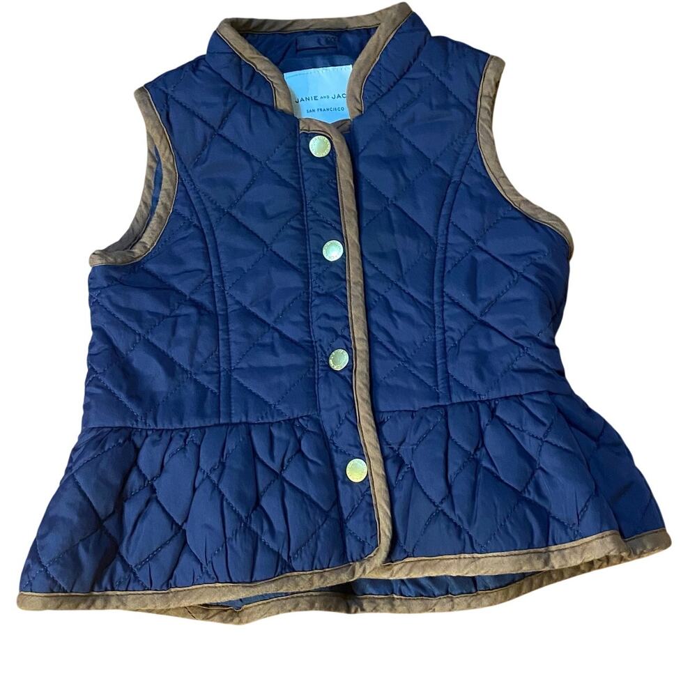 Janie and Jack dark blue‎ quilted brown trim peplum snap vest SIZE 12-18M